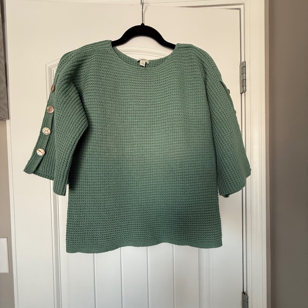 J. Jill Green Knit Sweater Button Sleeve Detail Size M Lightweight Casual